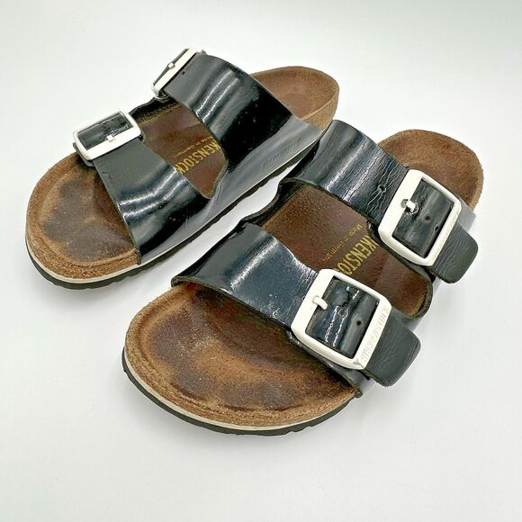 Birkenstock Arizona Patent Leather Black Sandals White Buckle Womens 38 US 7.5 - Picture 6 of 16